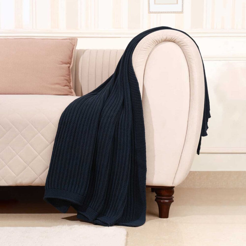 Navy Blue Cable Knit Throw - Image 4