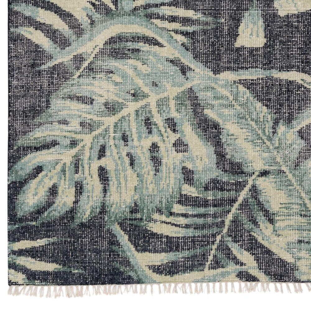 Modern Black Hand-Knotted Leafy Rug Swatch